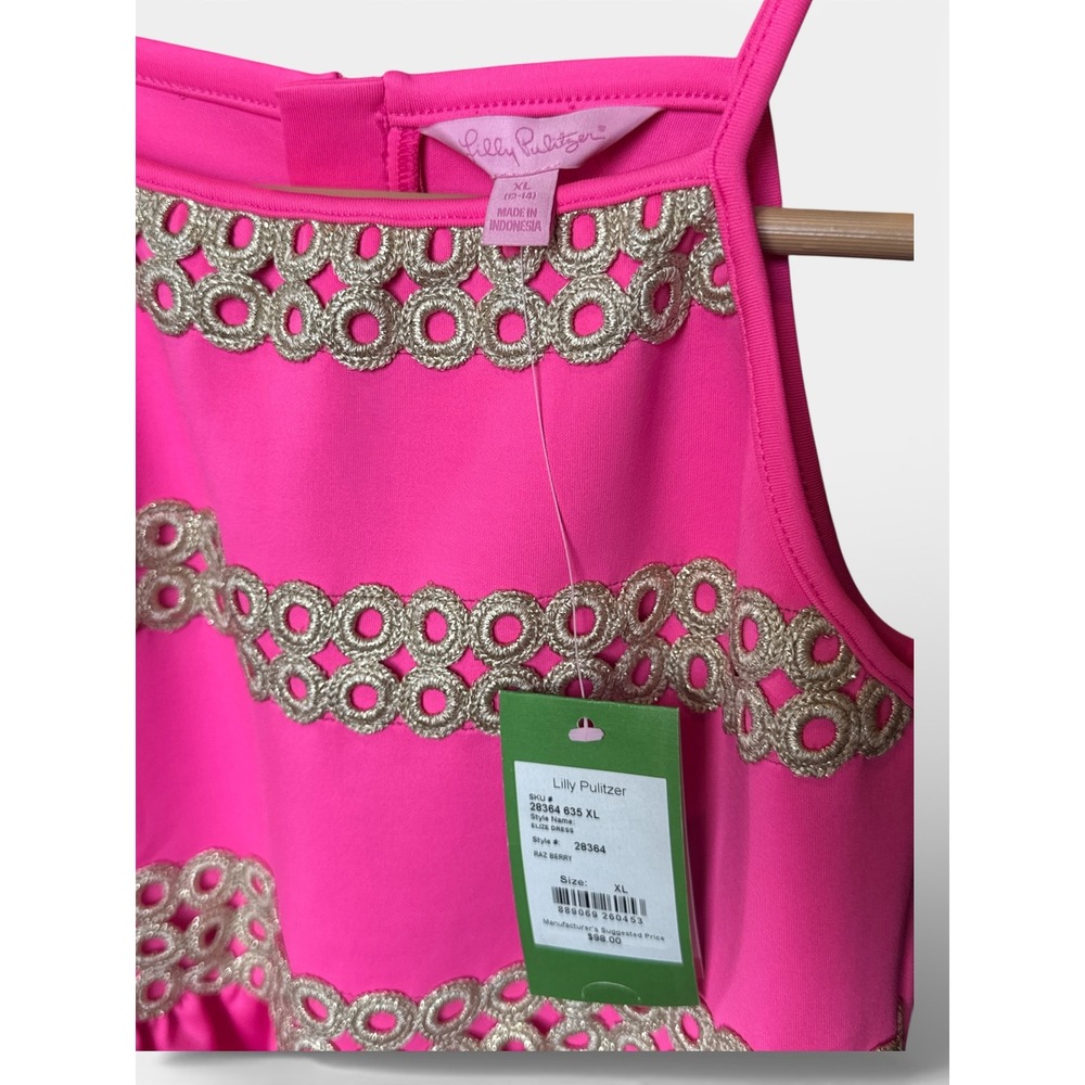 Lilly Pulitzer Girls Elize Dress Raz‎ Berry Pink Gold Trim XL 12-14 NWT - Picture 5 of 12